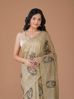 Beige Bamboo Jute Silk Embroidery Saree