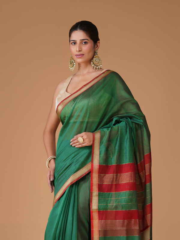 Green Maheshwari Handloom Cotton Silk Saree with Zari Border