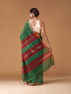 Green Maheshwari Handloom Cotton Silk Saree with Zari Border