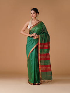 Green Maheshwari Handloom Cotton Silk Saree with Zari Border