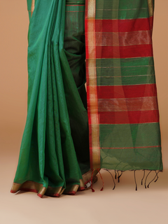 Green Maheshwari Handloom Cotton Silk Saree with Zari Border