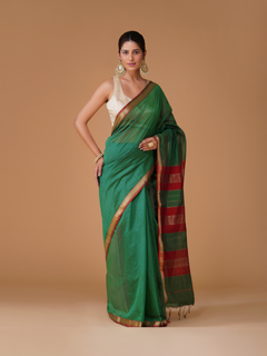 Green Maheshwari Handloom Cotton Silk Saree with Zari Border