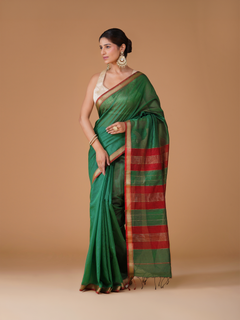 Green Maheshwari Handloom Cotton Silk Saree with Zari Border
