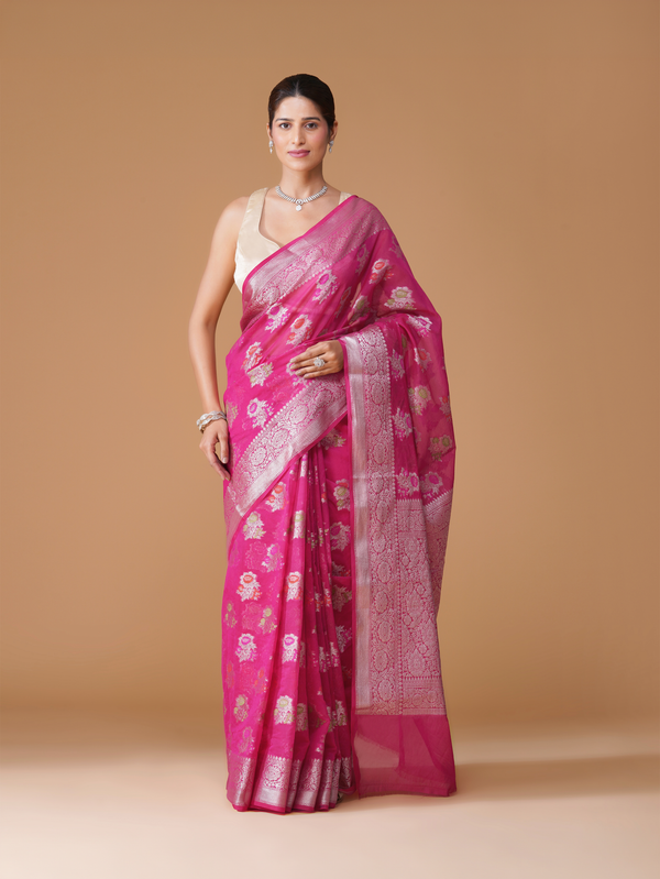 Rani Pink Banarasi Dyeable Georgette Saree with Zari Meenakari Buta