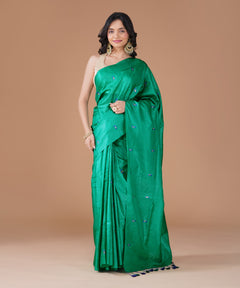 Emerald Green Pure Tussar Silk Saree with Blue Paisley Embroidery