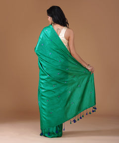 Emerald Green Pure Tussar Silk Saree with Blue Paisley Embroidery