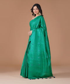 Emerald Green Pure Tussar Silk Saree with Blue Paisley Embroidery