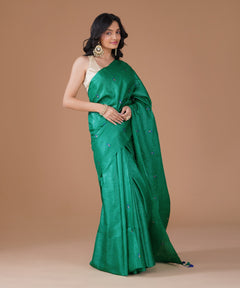 Emerald Green Pure Tussar Silk Saree with Blue Paisley Embroidery