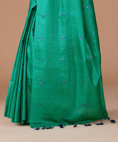 Emerald Green Pure Tussar Silk Saree with Blue Paisley Embroidery