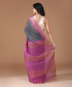 Charcoal Grey Cotton Silk Printed Saree with Pink Zari Border