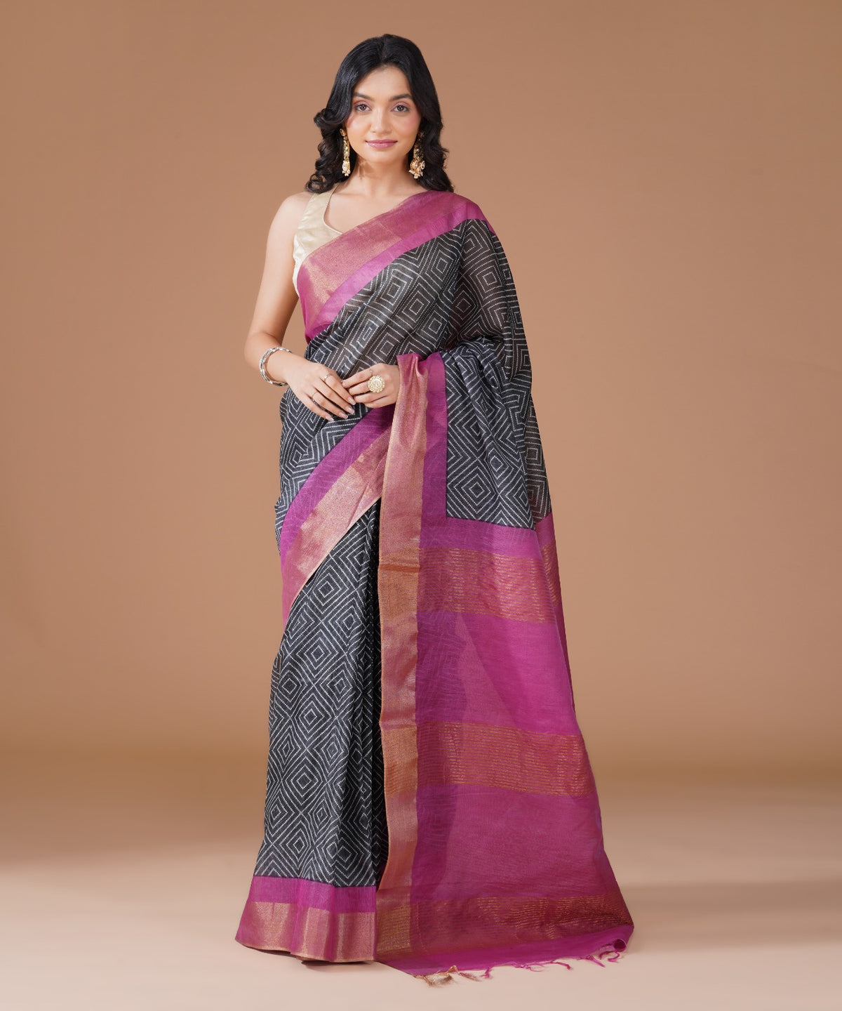 Charcoal Grey Cotton Silk Printed Saree with Pink Zari Border