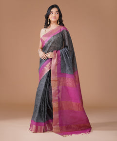 Charcoal Grey Cotton Silk Printed Saree with Pink Zari Border