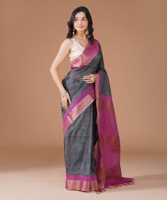 Charcoal Grey Cotton Silk Printed Saree with Pink Zari Border