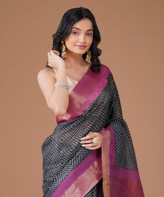 Charcoal Grey Cotton Silk Printed Saree with Pink Zari Border