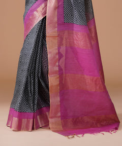 Charcoal Grey Cotton Silk Printed Saree with Pink Zari Border