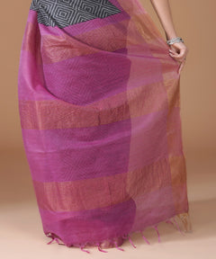 Charcoal Grey Cotton Silk Printed Saree with Pink Zari Border