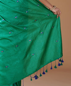 Emerald Green Pure Tussar Silk Saree with Blue Paisley Embroidery